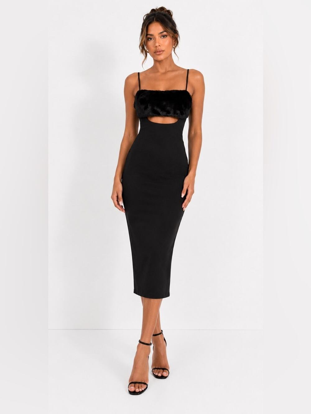 Naked Wardrobe Black Faux Fur Trim MidiDress NWT Cutout Detail
